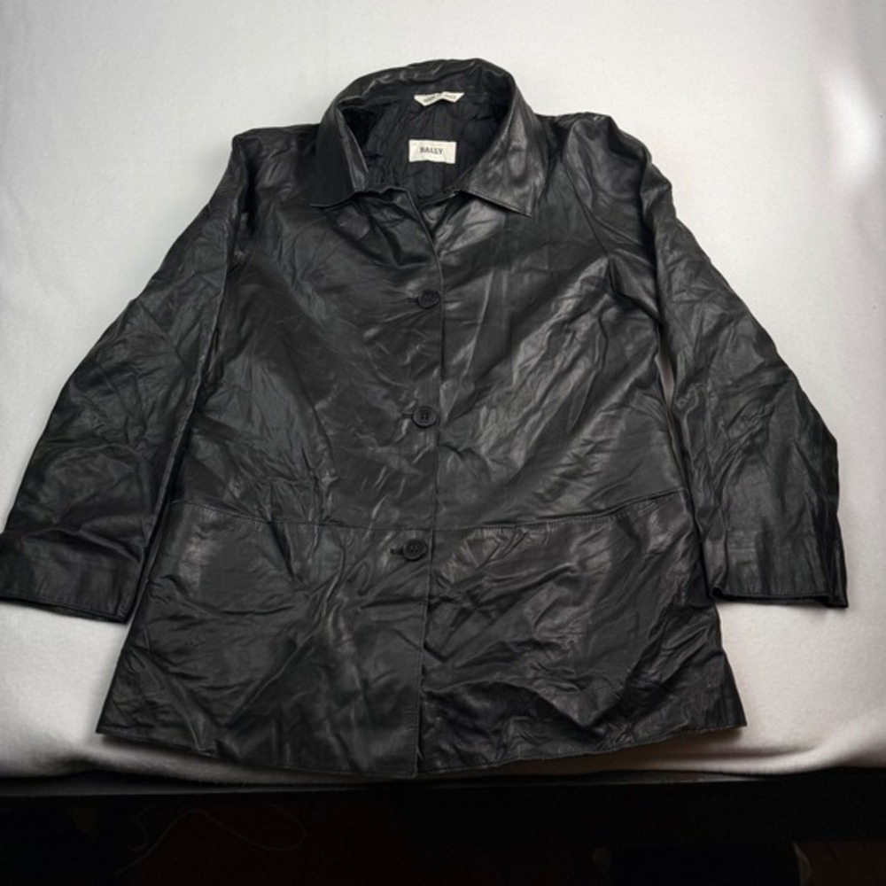 Bally Black Leather Car Coat Made in Italy Vera Pelle Button Front Womens Size 6